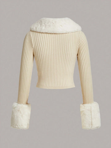 Qutie Borg Collar Fuzzy Cuff Cardigan shein