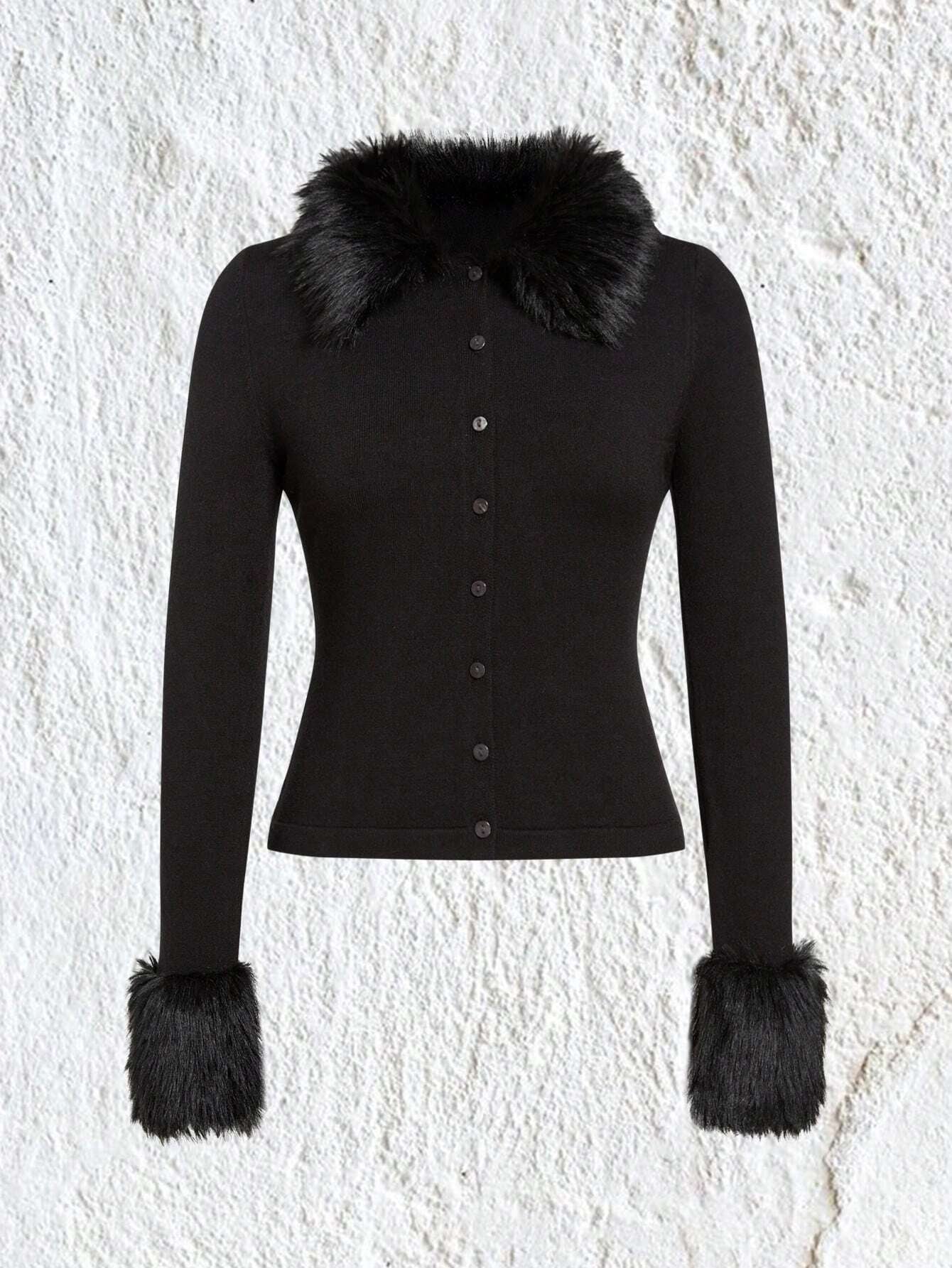 Qutie Borg Collar Fuzzy Cuff Cardigan shein