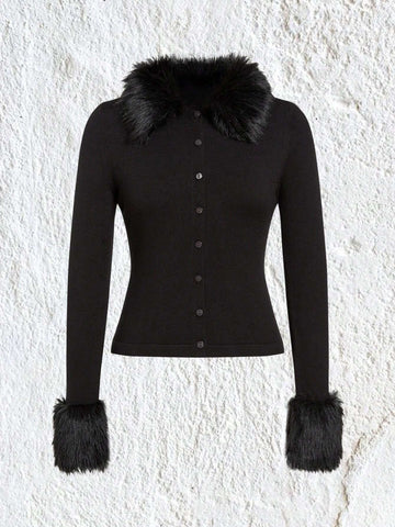 Qutie Borg Collar Fuzzy Cuff Cardigan shein