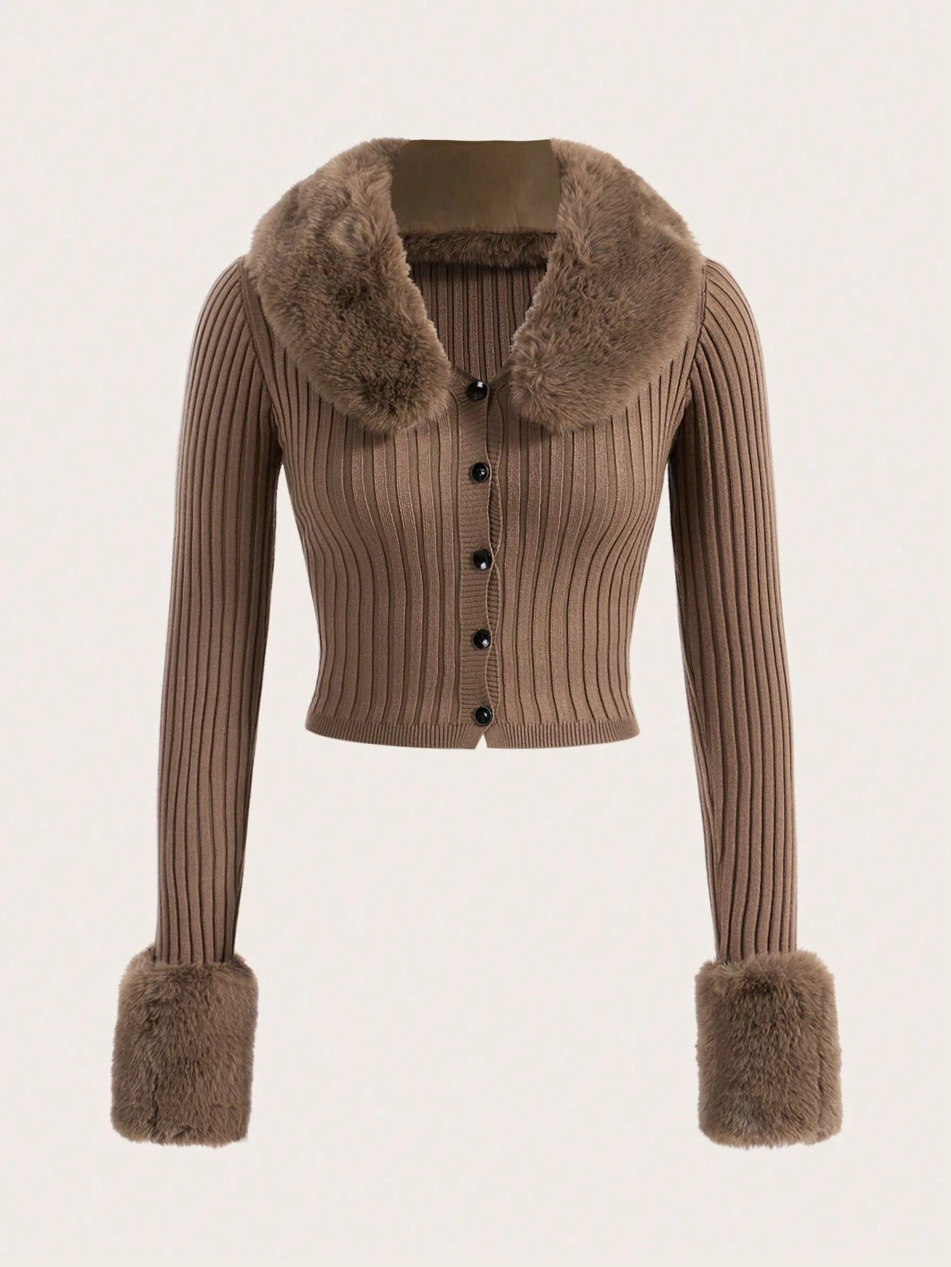 Qutie Borg Collar Fuzzy Cuff Cardigan shein