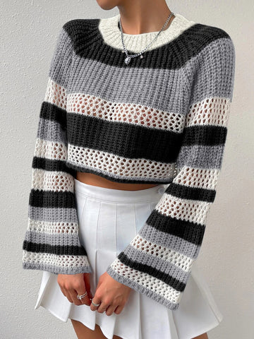 Qutie Colorblock Raglan Sleeve Pointelle Knit Crop Sweater shein