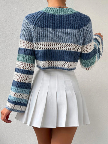 Qutie Colorblock Raglan Sleeve Pointelle Knit Crop Sweater shein