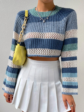 Qutie Colorblock Raglan Sleeve Pointelle Knit Crop Sweater shein