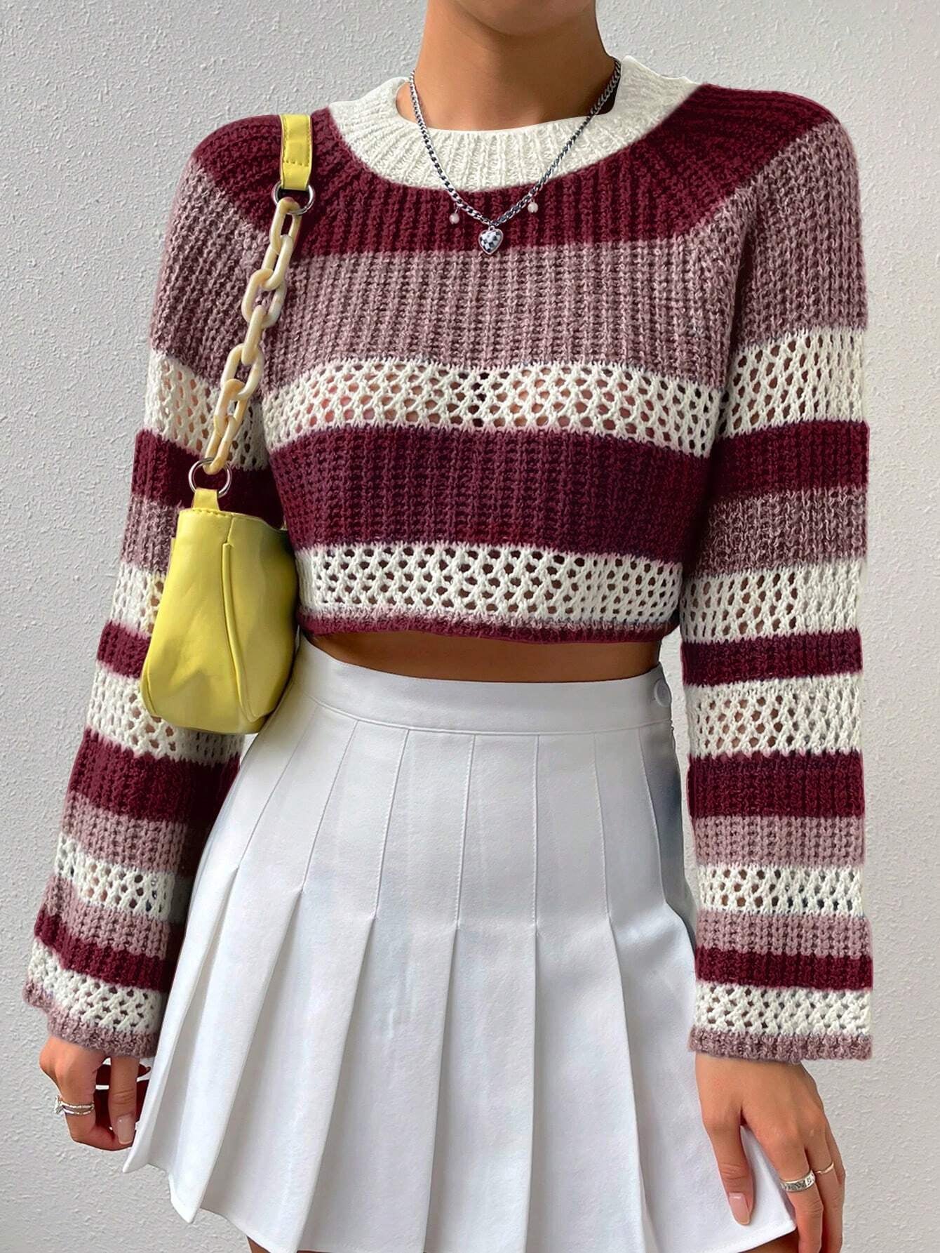 Qutie Colorblock Raglan Sleeve Pointelle Knit Crop Sweater shein