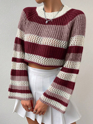 Qutie Colorblock Raglan Sleeve Pointelle Knit Crop Sweater shein