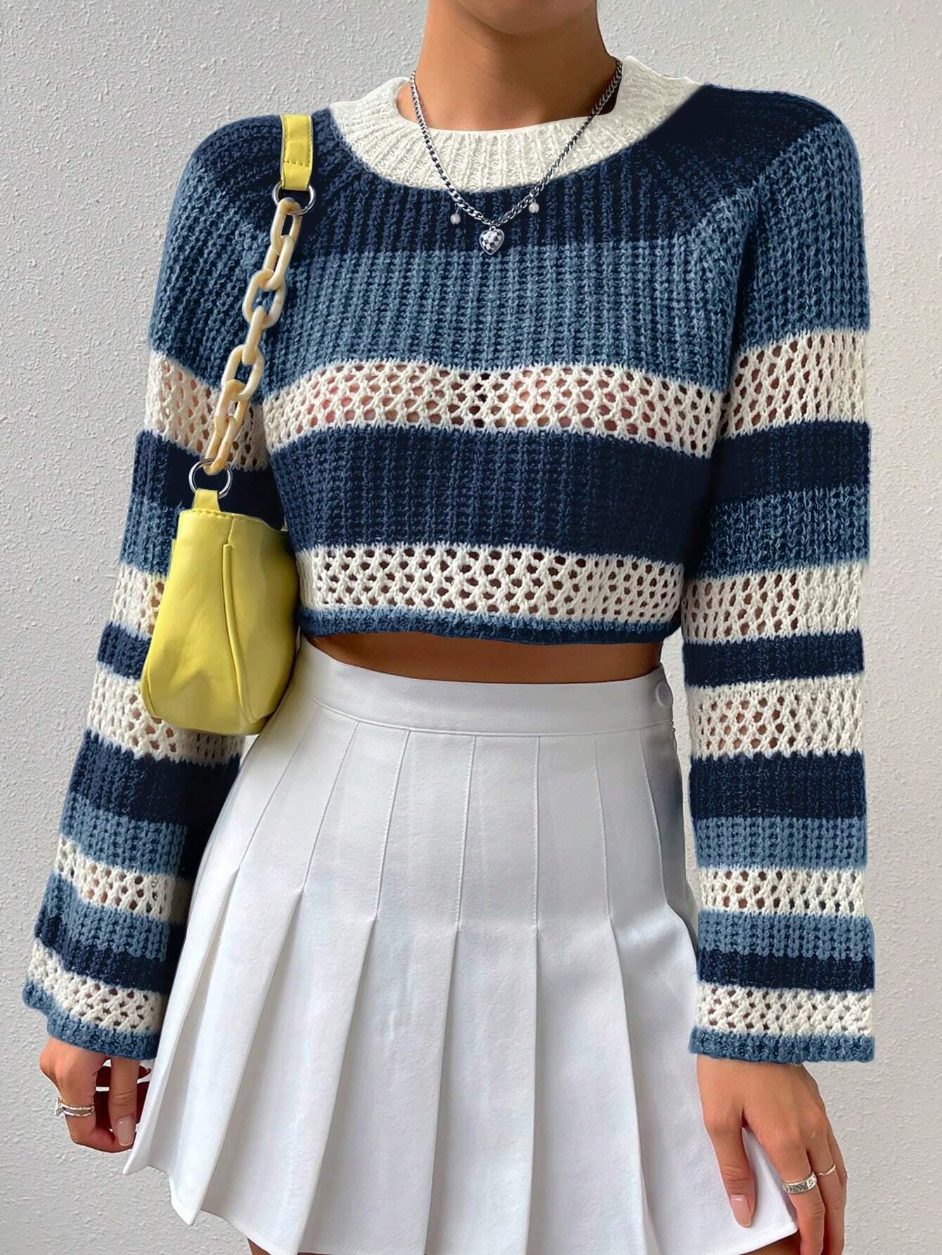 Qutie Colorblock Raglan Sleeve Pointelle Knit Crop Sweater shein