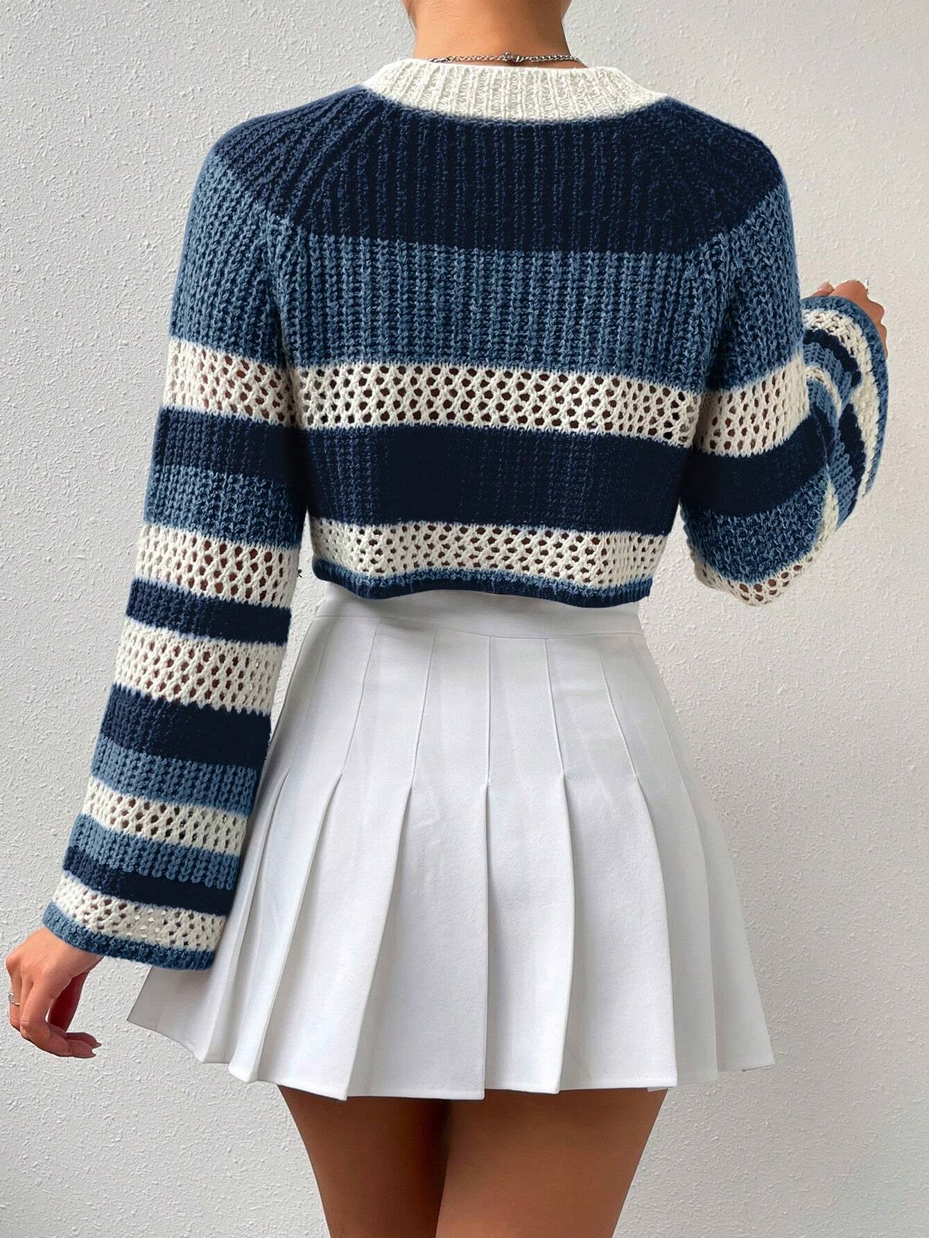 Qutie Colorblock Raglan Sleeve Pointelle Knit Crop Sweater shein