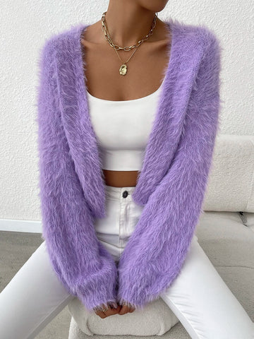 Qutie Drop Shoulder Open Front Fuzzy Cardigan shein