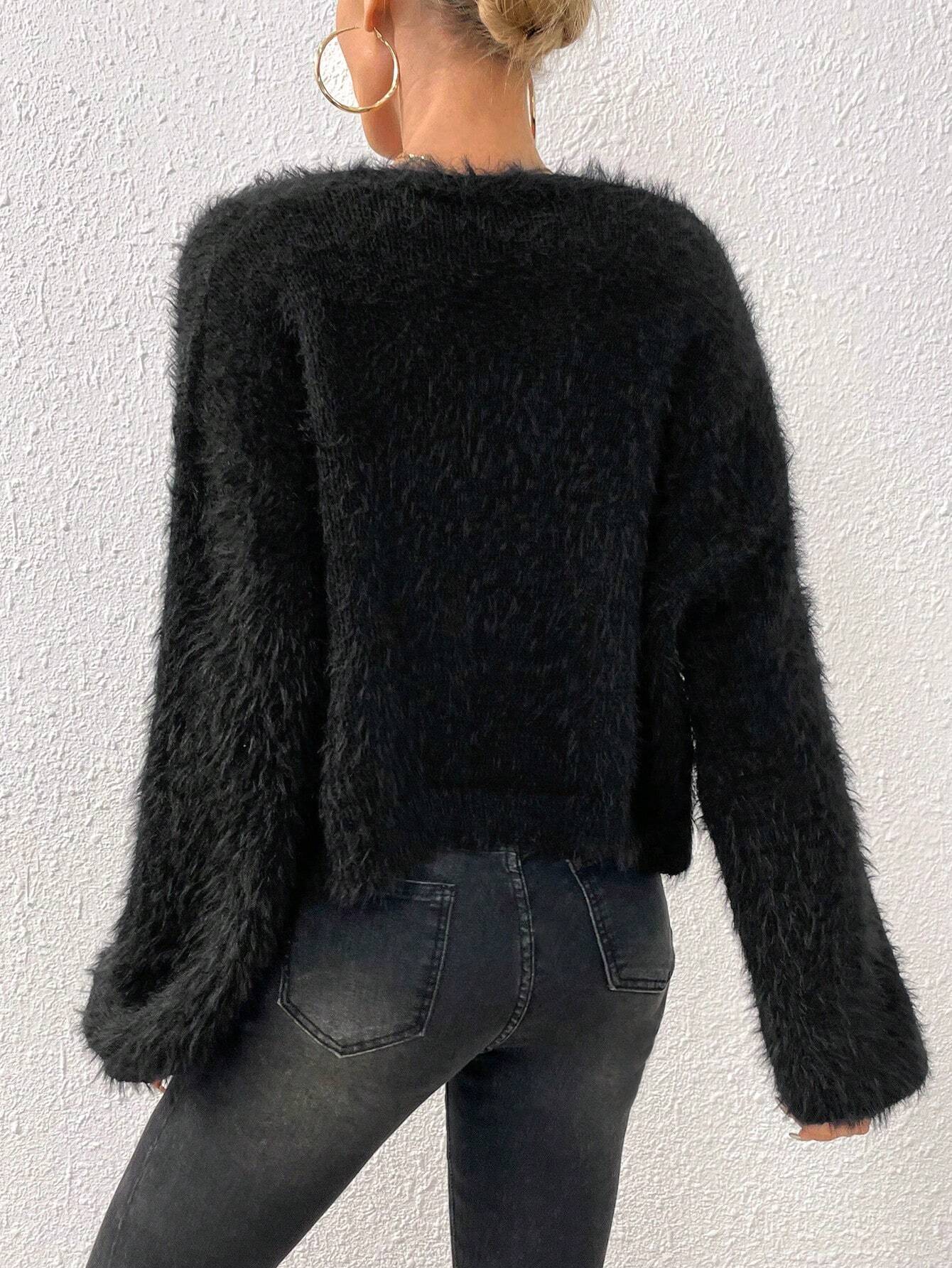 Qutie Drop Shoulder Open Front Fuzzy Cardigan shein