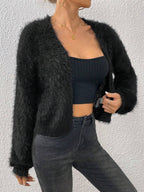 Qutie Drop Shoulder Open Front Fuzzy Cardigan shein