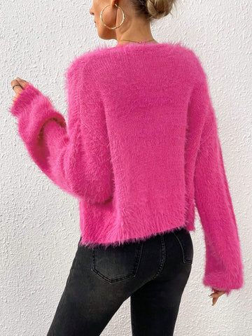 Qutie Drop Shoulder Open Front Fuzzy Cardigan shein