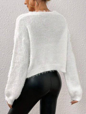 Qutie Drop Shoulder Open Front Fuzzy Cardigan shein