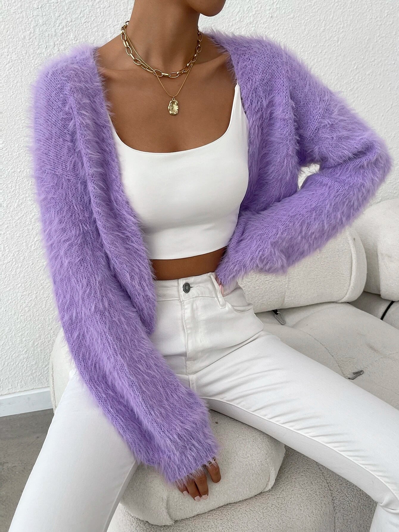 Qutie Drop Shoulder Open Front Fuzzy Cardigan shein