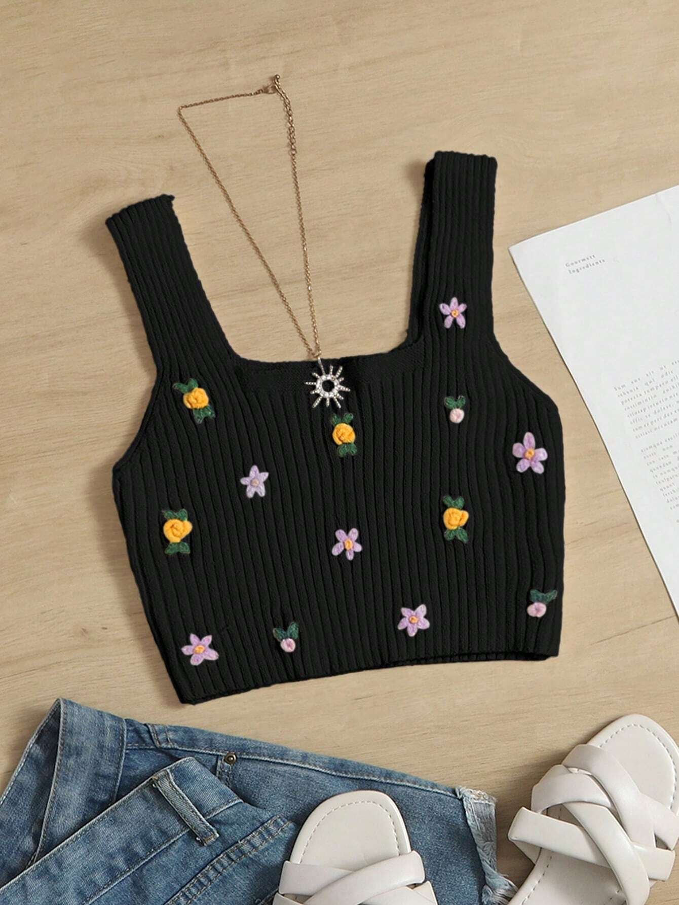 Qutie Floral Embroidery Ribbed Knit Crop Knit Top shein