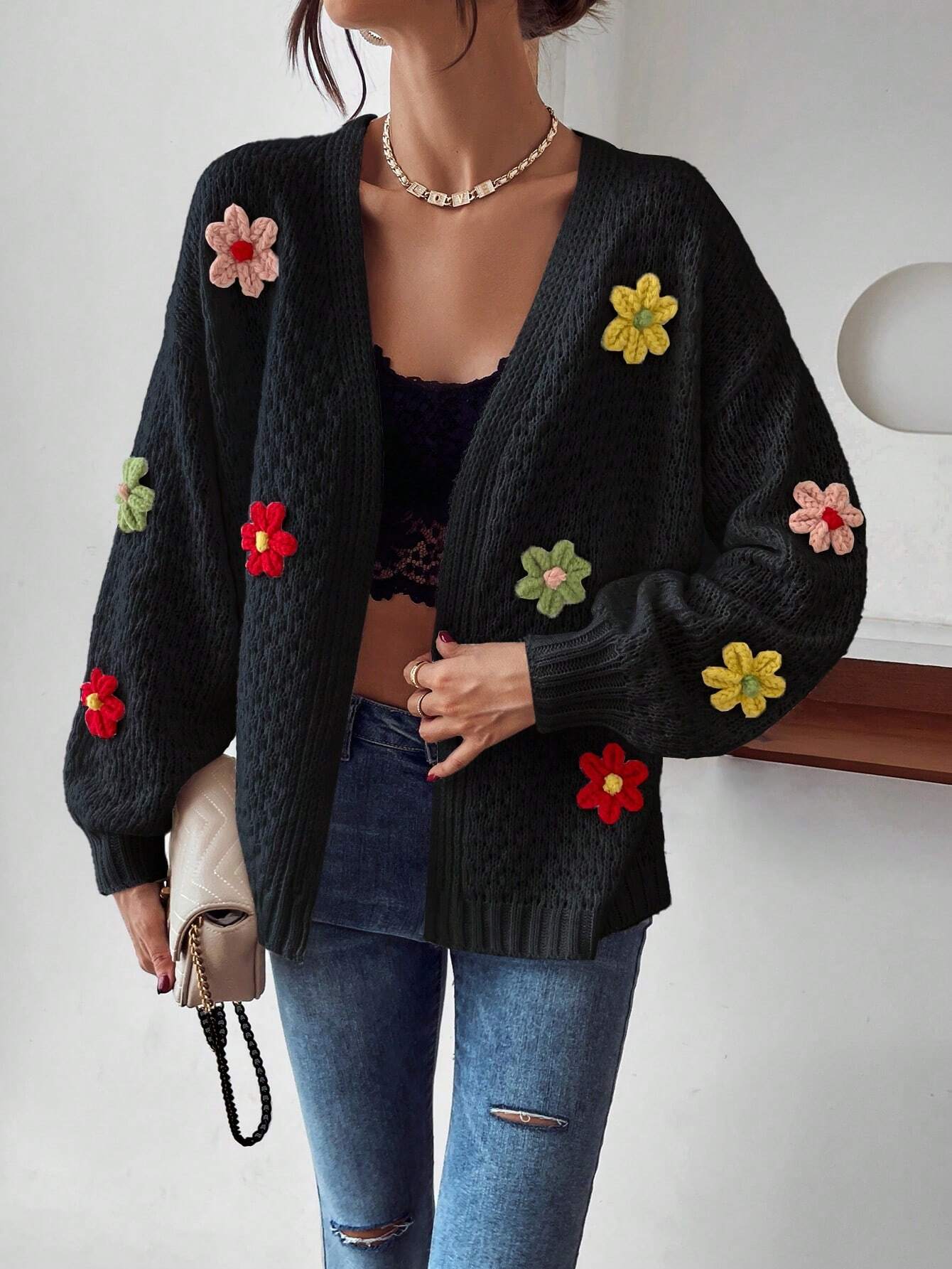 Qutie Floral Patched Drop Shoulder Duster Cardigan shein