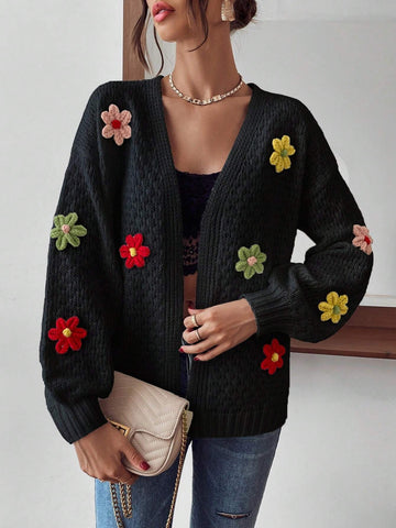 Qutie Floral Patched Drop Shoulder Duster Cardigan shein