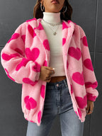 Qutie Heart Pattern Drop Shoulder Zipper Hooded Teddy Jacket shein