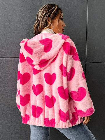 Qutie Heart Pattern Drop Shoulder Zipper Hooded Teddy Jacket shein