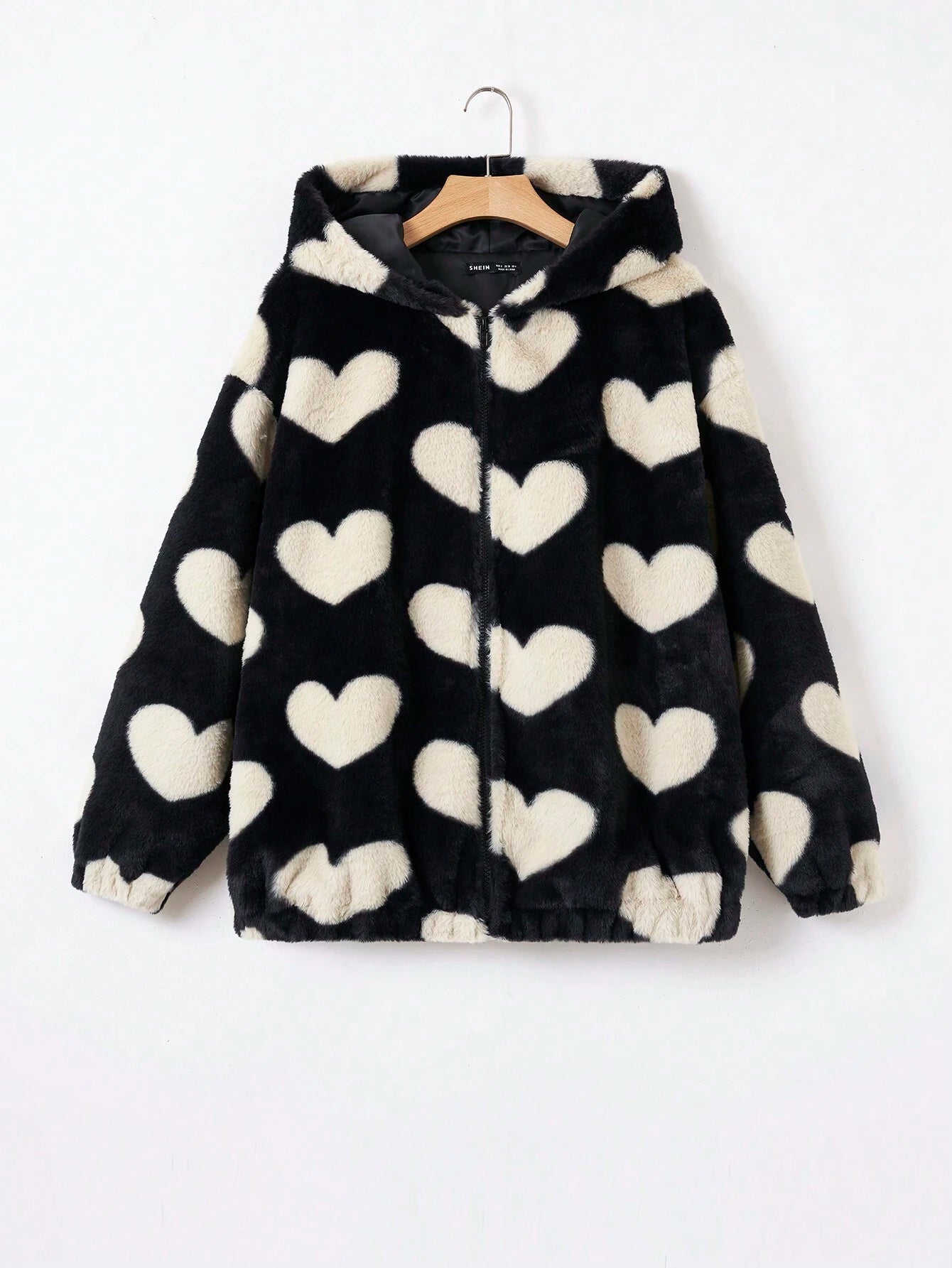 Qutie Heart Pattern Drop Shoulder Zipper Hooded Teddy Jacket shein