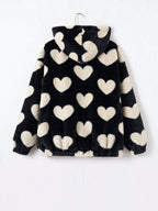 Qutie Heart Pattern Drop Shoulder Zipper Hooded Teddy Jacket shein