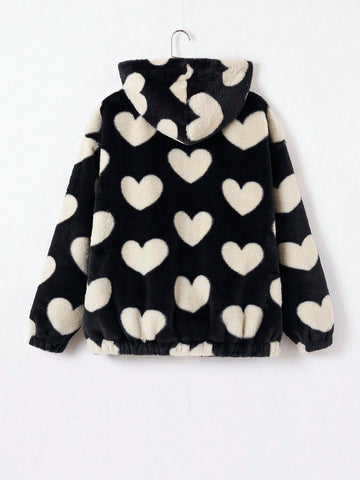 Qutie Heart Pattern Drop Shoulder Zipper Hooded Teddy Jacket shein