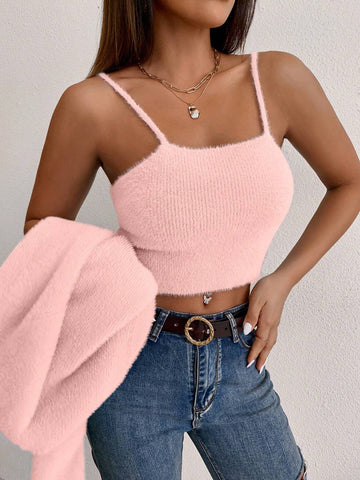 Qutie Solid Cami Knit Top & Open Front Cardigan shein