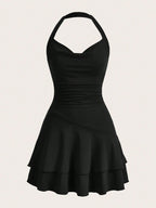 Qutie Solid Ruched Layered Ruffle Hem Halter Neck Dress shein