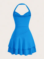 Qutie Solid Ruched Layered Ruffle Hem Halter Neck Dress shein