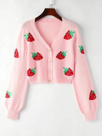 Qutie Women's Strawberry Printed Button-up Cardigan shein