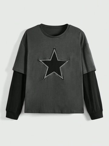 ROMWE Grunge Punk Women's Star Patch 2 in 1 T-shirt shein