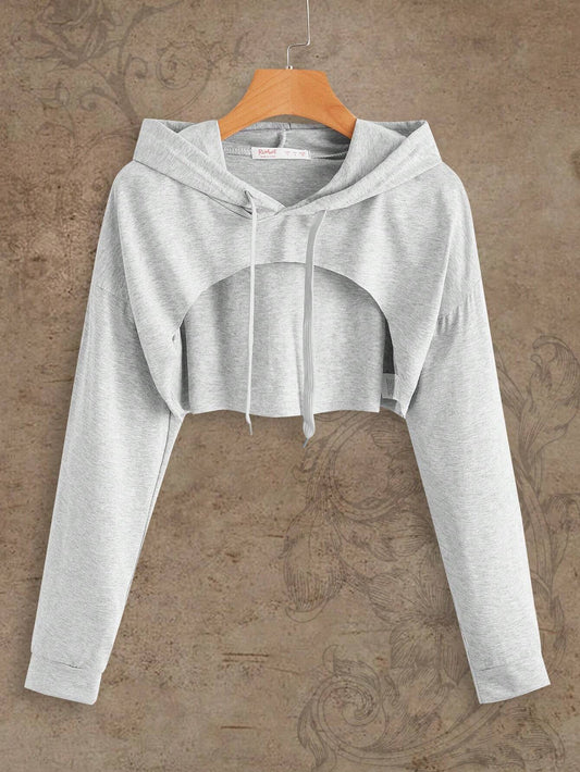 ROMWE Heathered Knit Cutout Drawstring Hoodie shein