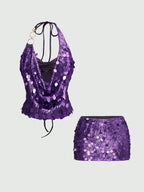 Vintage Sexy Y2K Party Sequin Halter Crop Top And Low Waist Mini Skirt