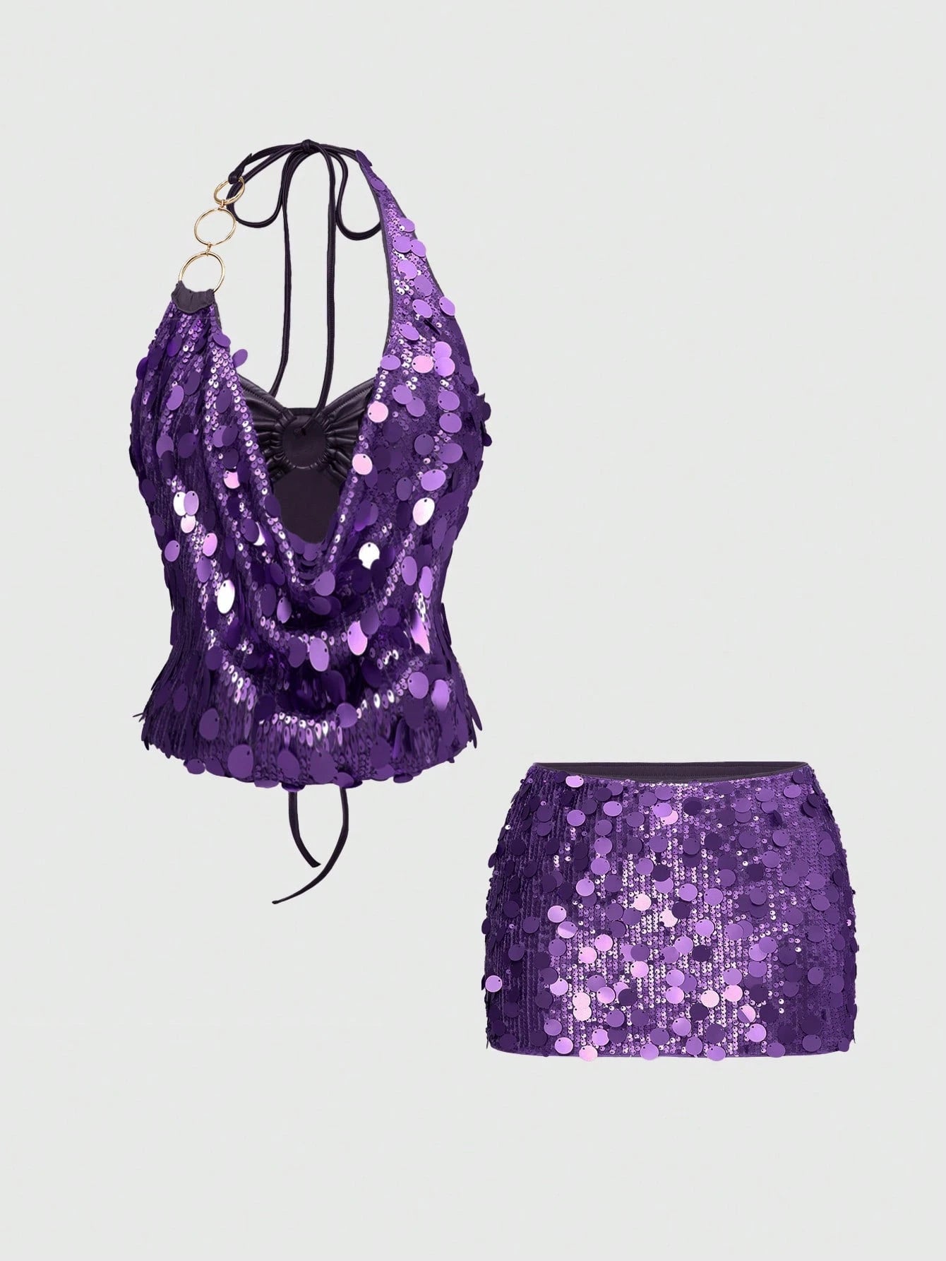 Vintage Sexy Y2K Party Sequin Halter Crop Top And Low Waist Mini Skirt