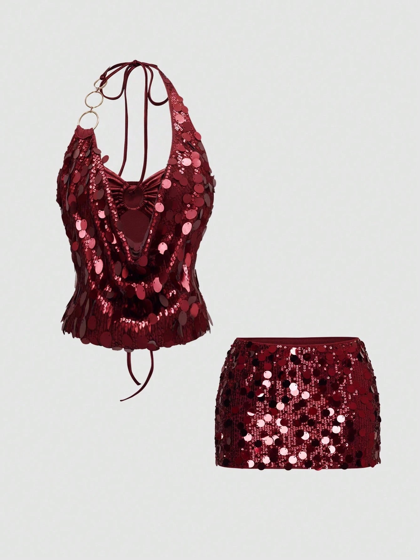 Vintage Sexy Y2K Party Sequin Halter Crop Top And Low Waist Mini Skirt