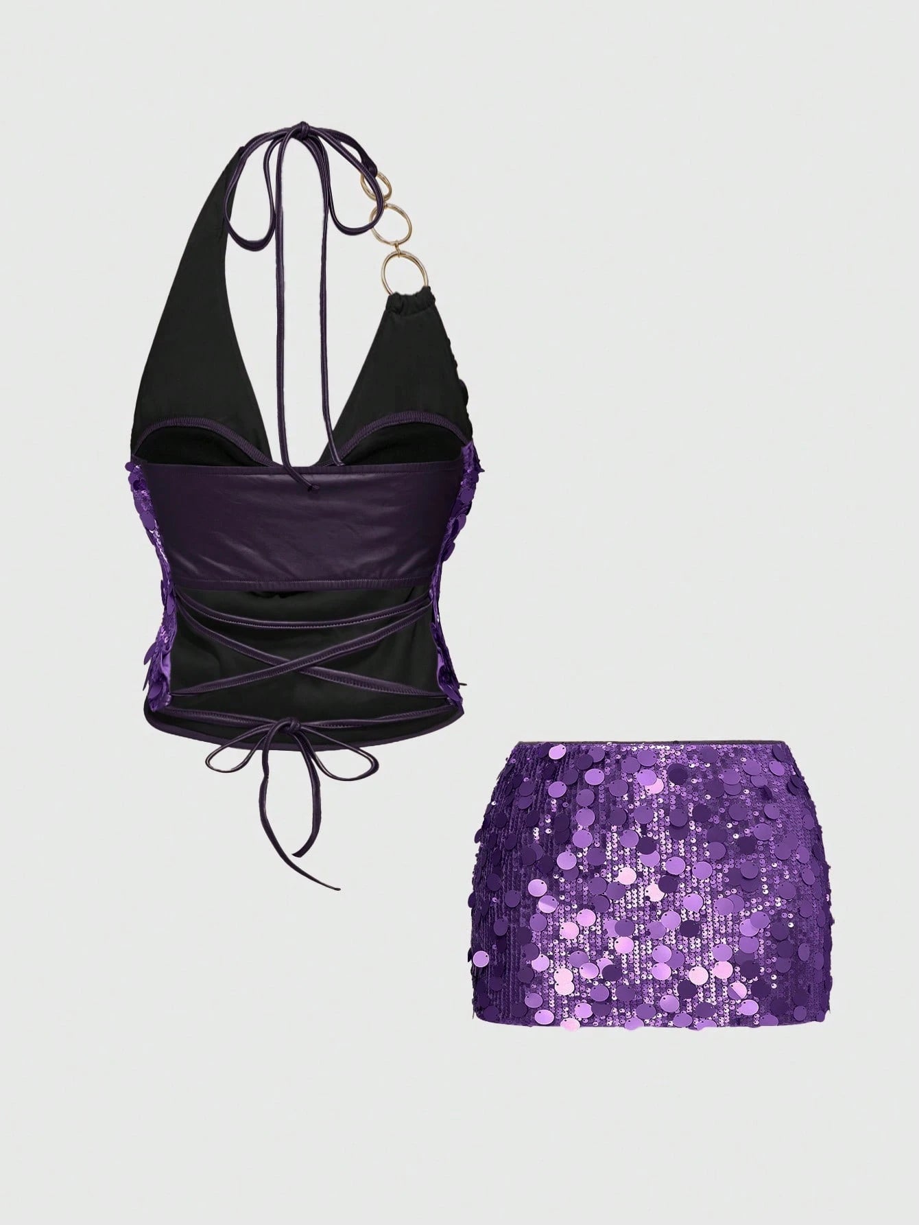 Vintage Sexy Y2K Party Sequin Halter Crop Top And Low Waist Mini Skirt