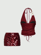 Vintage Sexy Y2K Party Sequin Halter Crop Top And Low Waist Mini Skirt