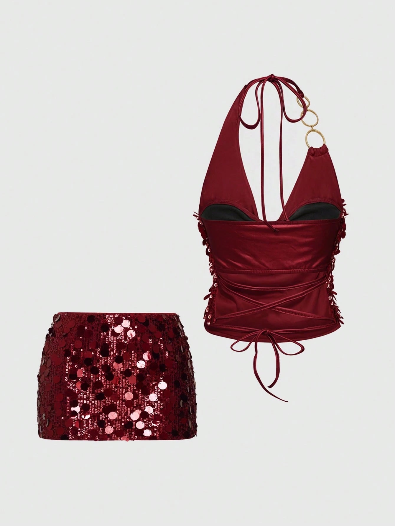 Vintage Sexy Y2K Party Sequin Halter Crop Top And Low Waist Mini Skirt