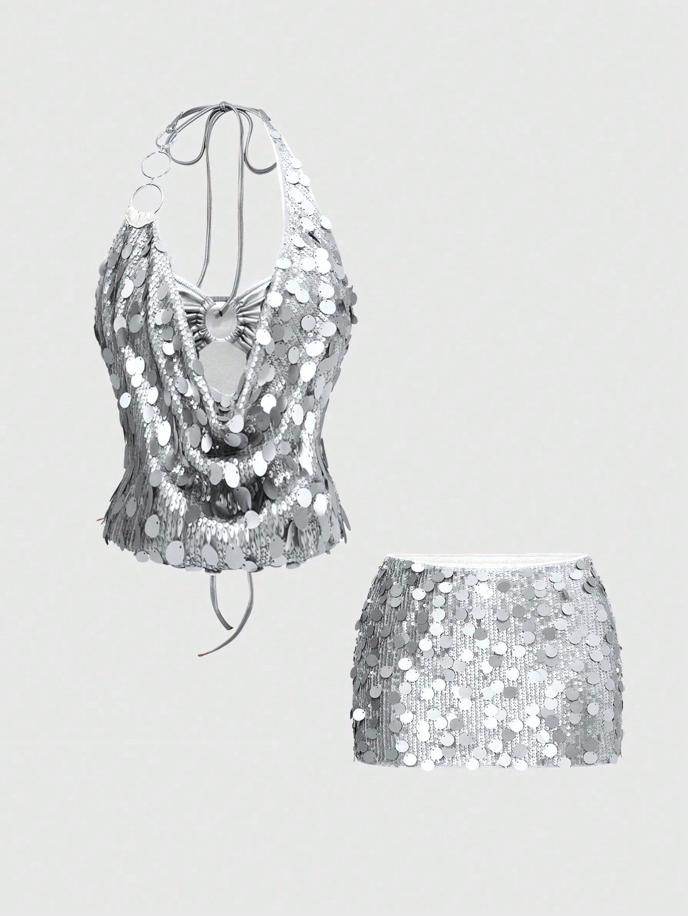 Vintage Sexy Y2K Party Sequin Halter Crop Top And Low Waist Mini Skirt