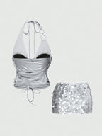 Vintage Sexy Y2K Party Sequin Halter Crop Top And Low Waist Mini Skirt