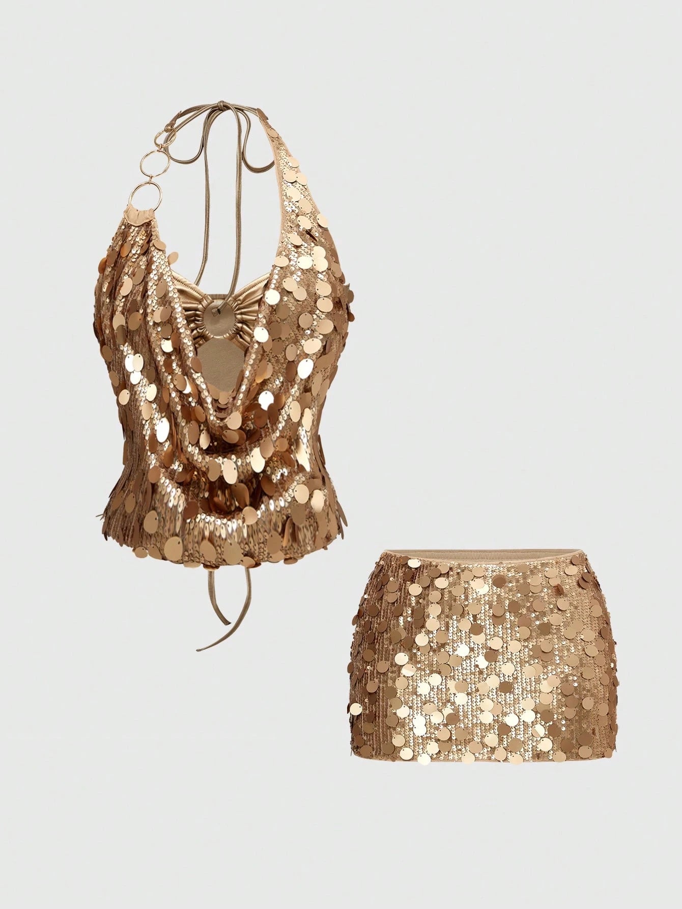 Vintage Sexy Y2K Party Sequin Halter Crop Top And Low Waist Mini Skirt
