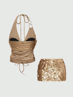 Vintage Sexy Y2K Party Sequin Halter Crop Top And Low Waist Mini Skirt