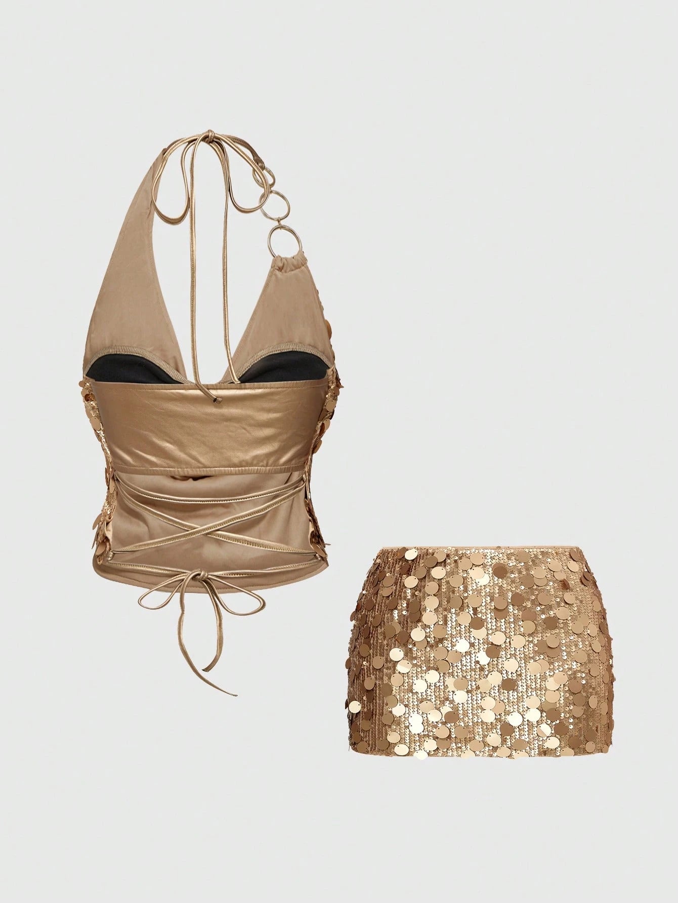 Vintage Sexy Y2K Party Sequin Halter Crop Top And Low Waist Mini Skirt