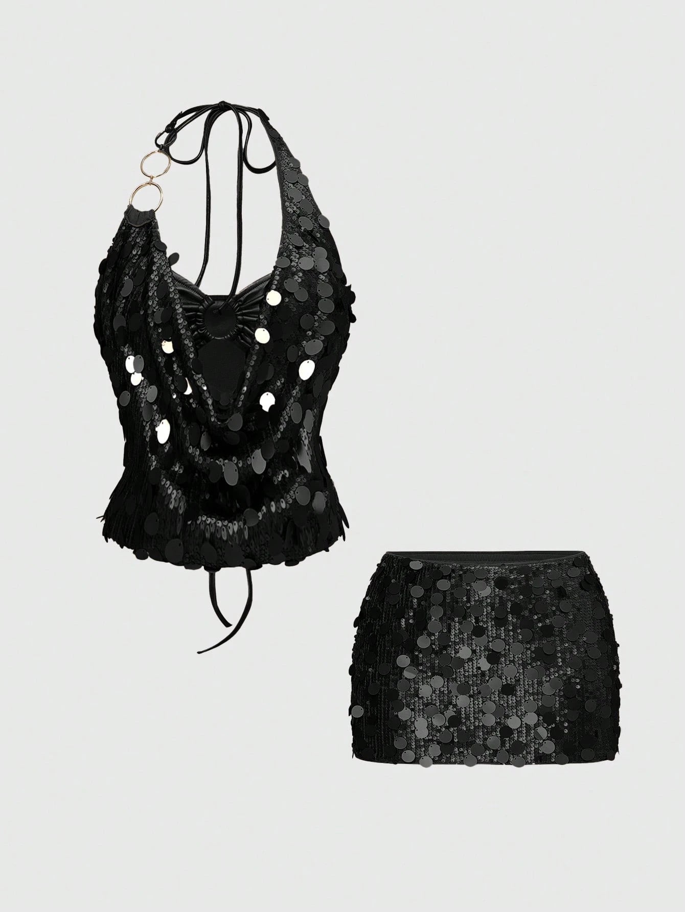 Vintage Sexy Y2K Party Sequin Halter Crop Top And Low Waist Mini Skirt