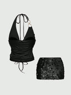 Vintage Sexy Y2K Party Sequin Halter Crop Top And Low Waist Mini Skirt