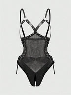 Sexy Punk Style Eyelet Bind Rope Open Crotch PU Leather Bodysuit