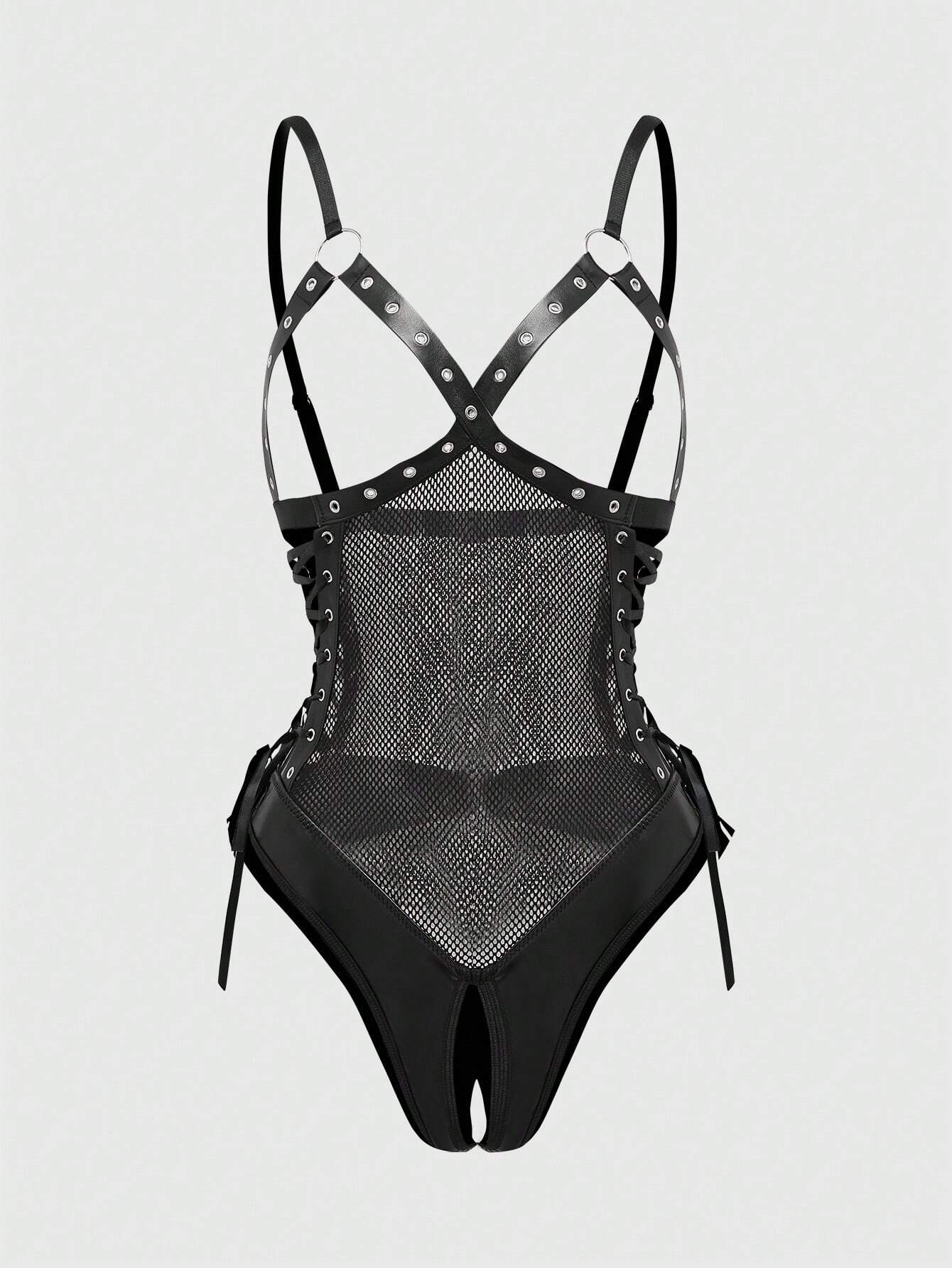 Sexy Punk Style Eyelet Bind Rope Open Crotch PU Leather Bodysuit