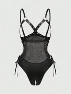 Sexy Punk Style Eyelet Bind Rope Open Crotch PU Leather Bodysuit