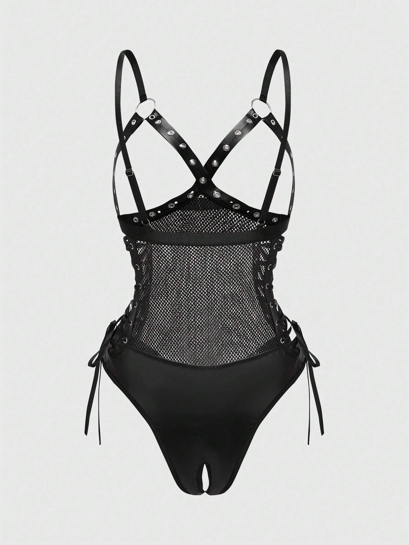 Sexy Punk Style Eyelet Bind Rope Open Crotch PU Leather Bodysuit