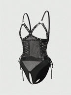 Sexy Punk Style Eyelet Bind Rope Open Crotch PU Leather Bodysuit