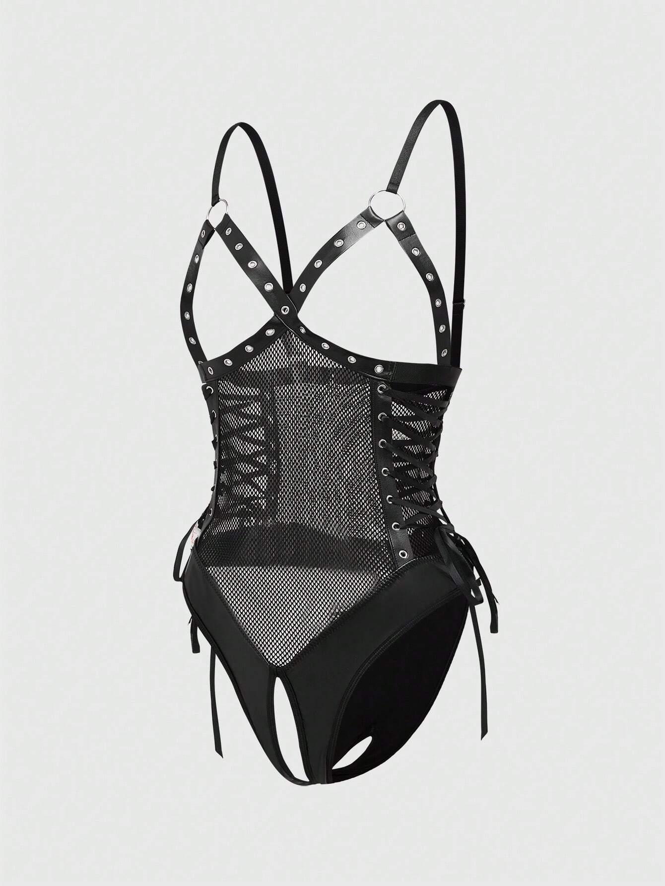 Sexy Punk Style Eyelet Bind Rope Open Crotch PU Leather Bodysuit